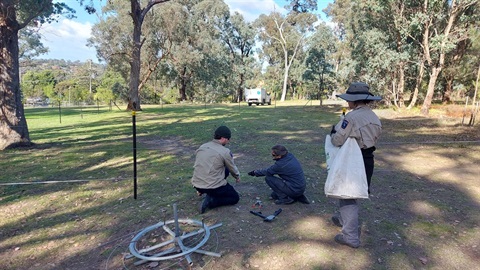 Bushland Management crew installing 3 wire fencing to section off a conversation area at Anthony Beale Reserve