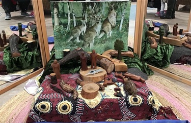 This small world indoor play space uses wooden figurines of people and Australian animals along with aboriginal art and patterns to encourage imaginative play.