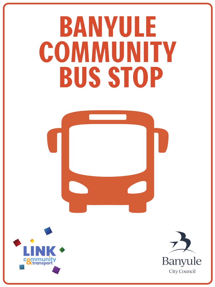 Example of the Banyule community bus stop sign that will be posted at all stops along the route, including text and a pictogram of a bus.