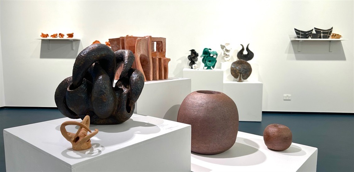 Clay artworks in a gallery