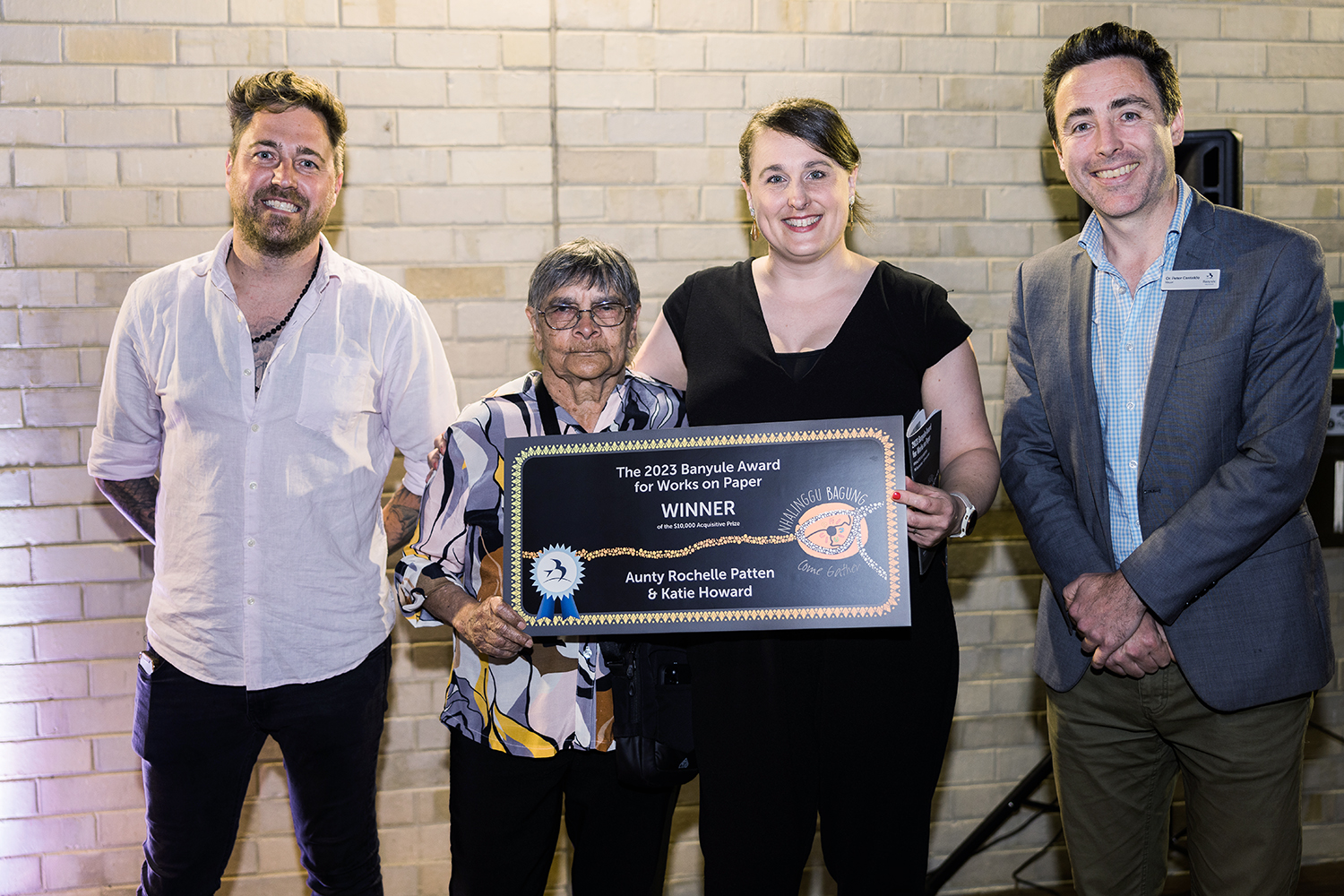 Winners of the 2023 Banyule Award for Works on Paper (from left, Colin Hunter Jnr Jnr, Aunty Rochelle Patten, Katie Howard, Cr. Peter Castaldo (Mayor of Banyule)