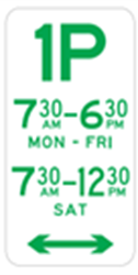 Parking sign with time restrictions of 1 hour applicable between 8:30am to 5:30pm Monday to Friday and 8:30am to 12-noon Saturday